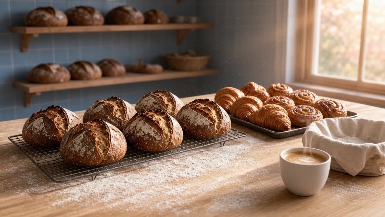Fresh sourdough loaves cooling on a flour-dusted bench